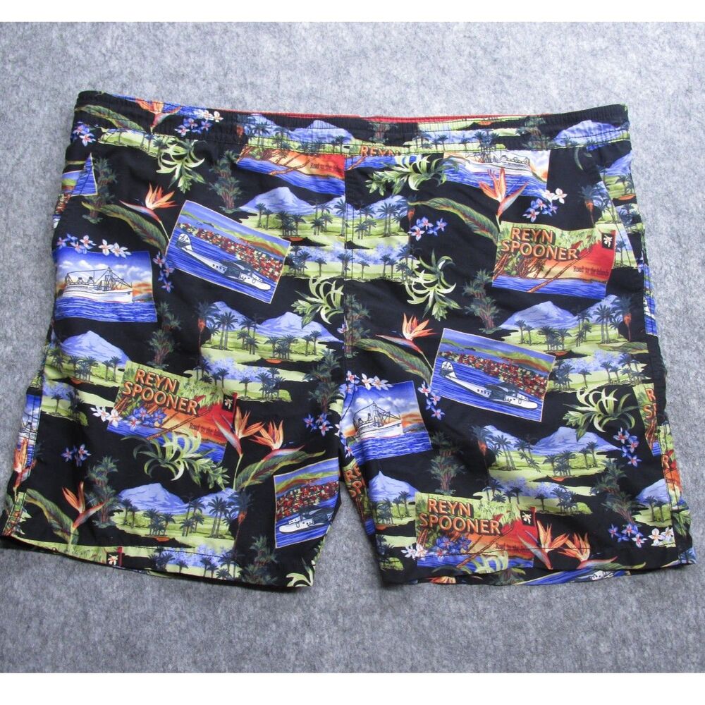 Reyn Spooner Swim Trunks Mens Large Black Floral Tropical Swimwear